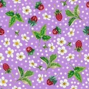 Hand Painted Watercolor Wild Strawberry, Berries, White Flowers on Purple, M