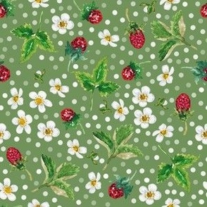 Hand Painted Watercolor Wild Strawberry, Berries, White Flowers on Green, M