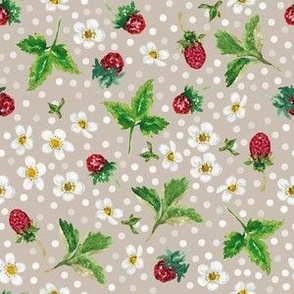 Hand Painted Watercolor Wild Strawberry, Berries, White Flowers on Taupe, M