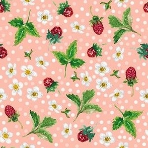 Hand Painted Watercolor Wild Strawberry, Berries, White Flowers on Pastel Peach, M