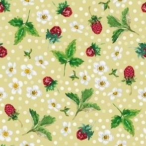 Hand Painted Watercolor Wild Strawberry, Berries, White Flowers on Light Yellow, M