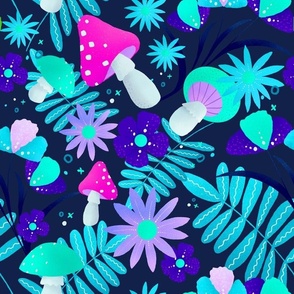 Magic forest - pink and turquoise mushrooms and flowers 