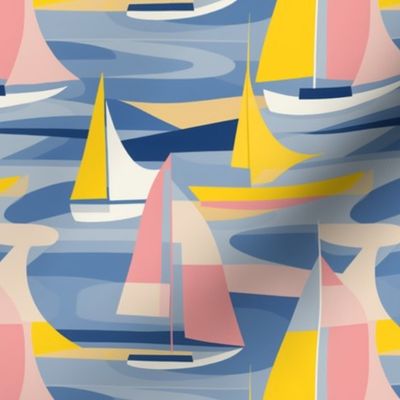 Abstract Cubism Boats in the Harbor Pink Yellow And Blue