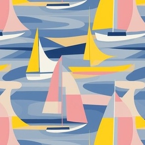 Abstract Cubism Boats in the Harbor Pink Yellow And Blue