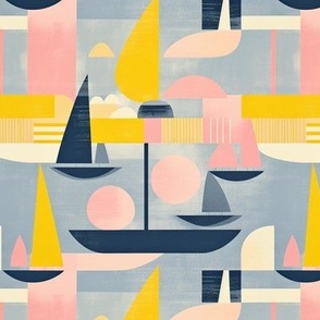 Beachy Wallpaper Abstract Cubism Boats in the Harbor Pink Yellow And Blue