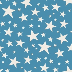 Medium Scale // Star Print - Cream White Stars on Cornflower Blue / Hand-drawn Star Pattern