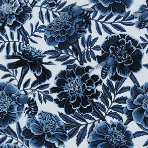 Marigold Mirage Marigolds and Honey Bees Pattern in Blue and White