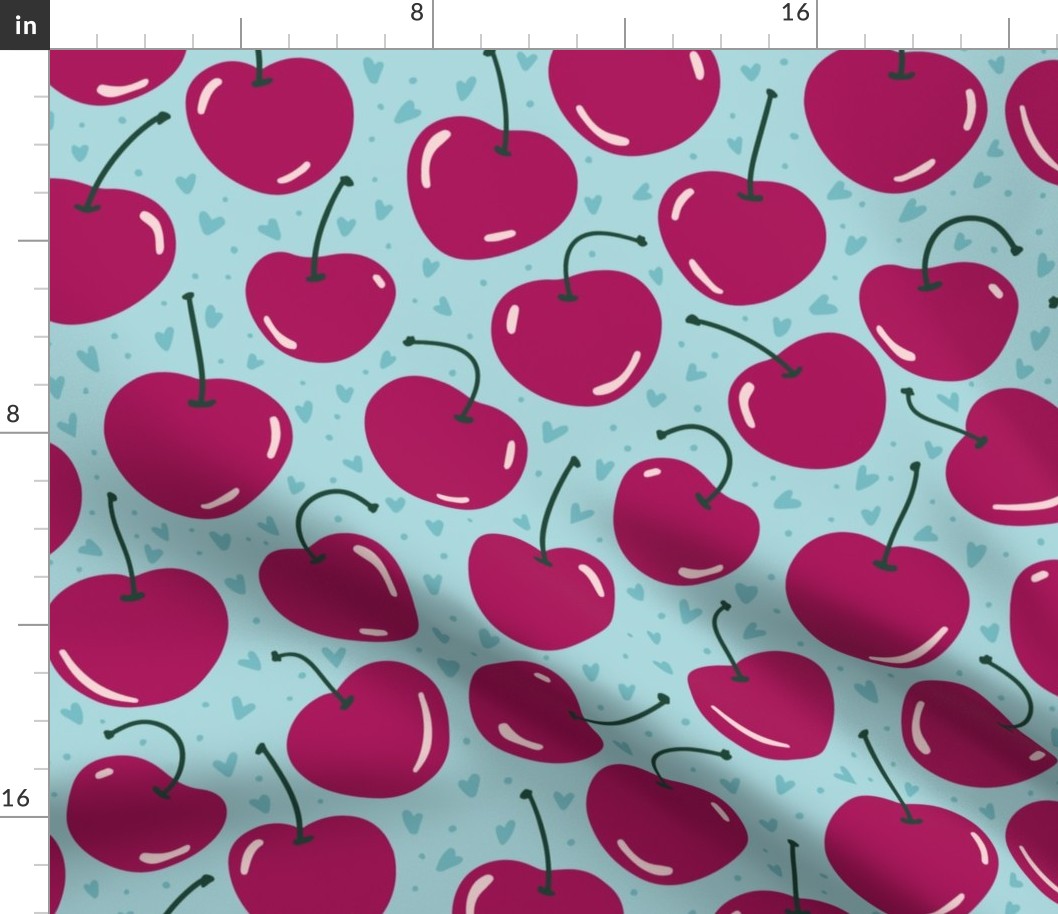 cherries and tiny hearts - purple and blue - large