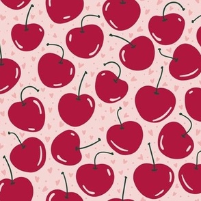 cherries and tiny hearts - red and pink 