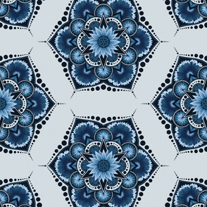 Sunflower and Daisy Mandala Pattern in Blue and White