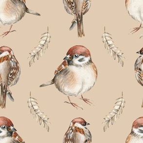 Bird sparrows. Hand drawn watercolor painting - Light background - MEDIUM scale