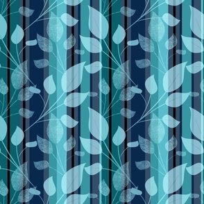 Monochrome pattern with leaves. Light leaves on a striped blue, grey, turquoise background.