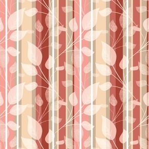 Monochrome pattern with leaves. White leaves on a striped beige, brown, coral background. 