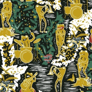 Croak Band 2.0- Frogs Jamming Session in the Amazon Forest- Block Print- Dark Jungle Green- Large Scale 