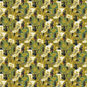 Croak Band 2.0- Frogs Jamming Session in the Amazon Forest- Block Print- Yellow Old Gold- Small Scale 