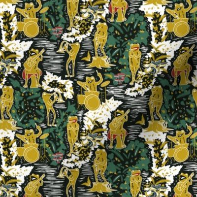 Croak Band 2.0- Frogs Jamming Session in the Amazon Forest- Block Print- Dark Jungle Green- Small Scale 