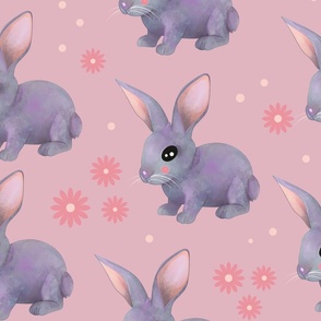 The grey-violet rabbit on the pink powder background pattern design