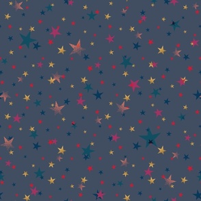 Festive pattern with stars. Blue, gold, red stars on a dark gray background. 
