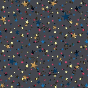 Festive pattern with stars and serpentine. Blue, gold, red stars on a dark grey background.