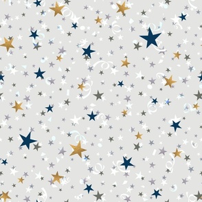 Festive pattern with stars and serpentine. Blue, white, gold, grey stars on a light grey background.