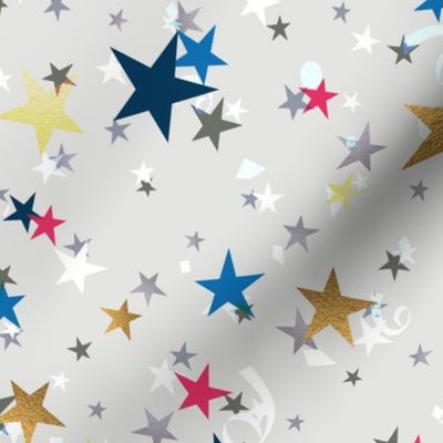 Festive pattern with stars and serpentine. Blue, white, gold, red stars on a light grey background. 