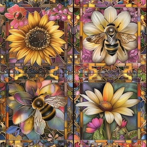 Watercolor Honey Bumble Bee Stained Glass Vibrant Sunny Patchwork