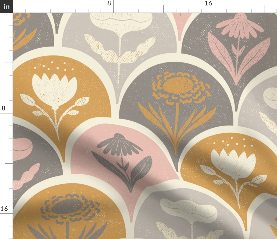  Large block print floral in grey, light grey, pink, mustard yellow and off white - floral hand carved arches block stamp printing
