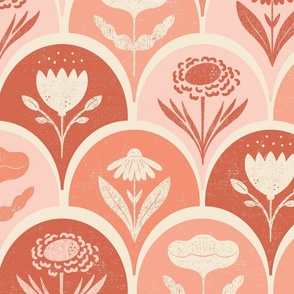 Large block print floral in peach, coral terra and cream - floral hand carved arches block stamp printing