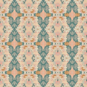 Ortensia Retro Floral Damask in Creamy Beige, Pink, Peach, Blue and Teal 