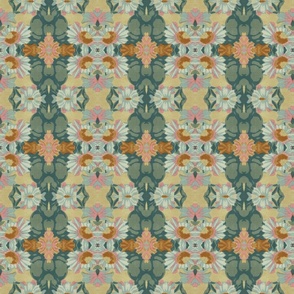 Ortensia Retro Floral Damask in Sandy Beige, Green, Pink and Blue
