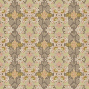 Ortensia Retro Floral Damask in Pistacchio Green, Beige, Pink and Lilac