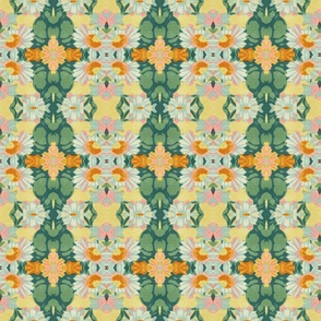 Ortensia Retro Floral Damask in Bright Orange, Green and Yellow