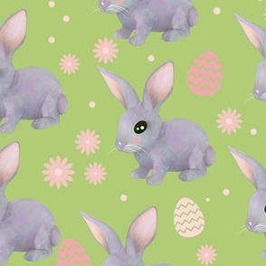 The grey-violet rabbit on the spring  green background pattern design