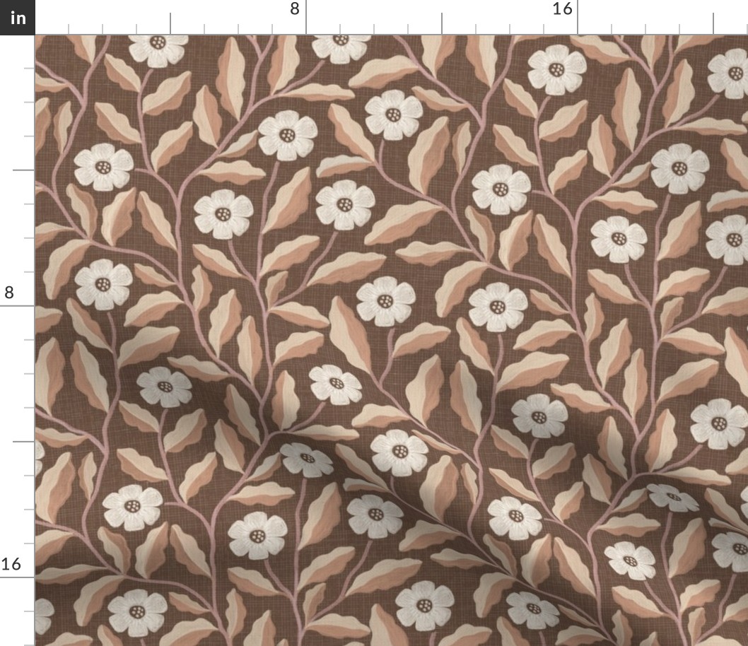  1920' Vintage Style Flowers-Retro- Rustic-Textured -colored chalk-Hand Drawn-Brown-Cream