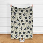 blue flowers on light green dotted background size L