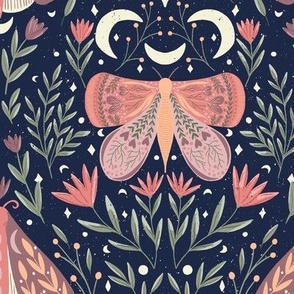 Moths in moonlight mystical folk style art for fall