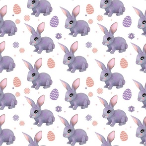 The grey-violet rabbit on the white background hand-drawn watercolor pattern design
