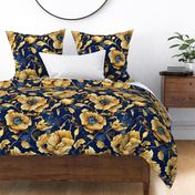 xl gold and blue flowers blue background