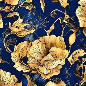 xl gold and blue flowers blue background