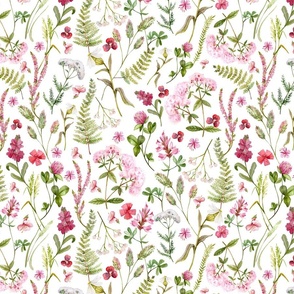 Large- Hand Painted Pink and Green Watercolor Ikeabana Wild Midsummer Scandinavian Dried Wildflowers,  and Leaves on white Meadow, Cottagecore Fabric And Wallpaper