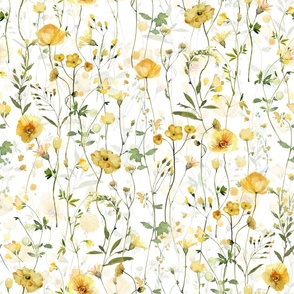 LARGE  - Hand Painted Watercolor Yellow Wild Midsumme and green Wildflowers and Leaves, Fabric, Cottagecore Fabric And Wallpaper