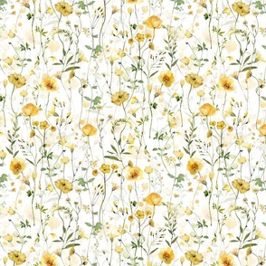 Small - Hand Painted Watercolor Yellow Wild Midsumme and green Wildflowers and Leaves, Fabric, Cottagecore Fabric And Wallpaper