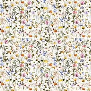 Small - Large - Hand Painted Colorful  Watercolor Wild Midsummer Scandinavian Wildflowers,  and Leaves on white Meadow, Cottagecore Fabric And Wallpaper