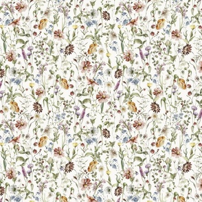 Small- Hand Painted Yellow Blue Purple And Brown Watercolor Ikeabana Wild Midsummer Scandinavian Dried Wildflowers, Strawberries and Leaves on white Meadow, Cottagecore Fabric And Wallpaper