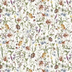 Large - Hand Painted Yellow Blue Purple And Brown Watercolor Ikeabana Wild Midsummer Scandinavian Dried Wildflowers, Strawberries and Leaves on white Meadow, Cottagecore Fabric And Wallpaper