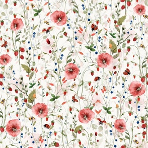 Large- Hand Painted Colorful Watercolor Ikeabana Wild Midsummer Red Poppies And Bees  and Scandinavian Dried Wildflowers Blueberries Strawberries and Leaves, Cottagecore Fabric And Wallpaper