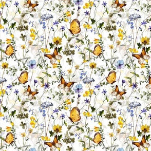 Small - Hand Painted Colorful Watercolor Ikeabana Wild Midsummer And Yellow Butterflies and Scandinavian Dried Wildflowers and Leaves, Cottagecore Fabric And Wallpaper