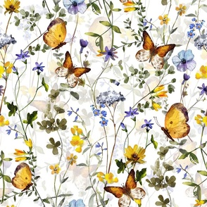 Large- Hand Painted Colorful Watercolor Ikeabana Wild Midsummer And Yellow Butterflies and Scandinavian Dried Wildflowers and Leaves, Cottagecore Fabric And Wallpaper