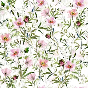 Large - Hand Painted Colorful Watercolor Ikeabana Wild Poppy Midsummer and Scandinavian Dried Wildflowers and Leaves,Pink Poppies Fabric, Cottagecore Fabric And Wallpaper