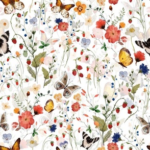 Large - Hand Painted Colorful Watercolor Ikeabana Wild Midsummer And Yellow Butterflies  and Scandinavian Dried Wildflowers Poppies Strawberries and Leaves, Cottagecore Fabric And Wallpaper